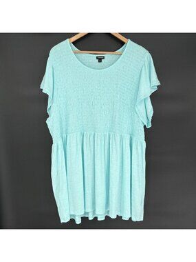 NWT Torrid Womens Babydoll Cotton Smocked Bodice Top 5X Aqua Blue Flutter Sleeve